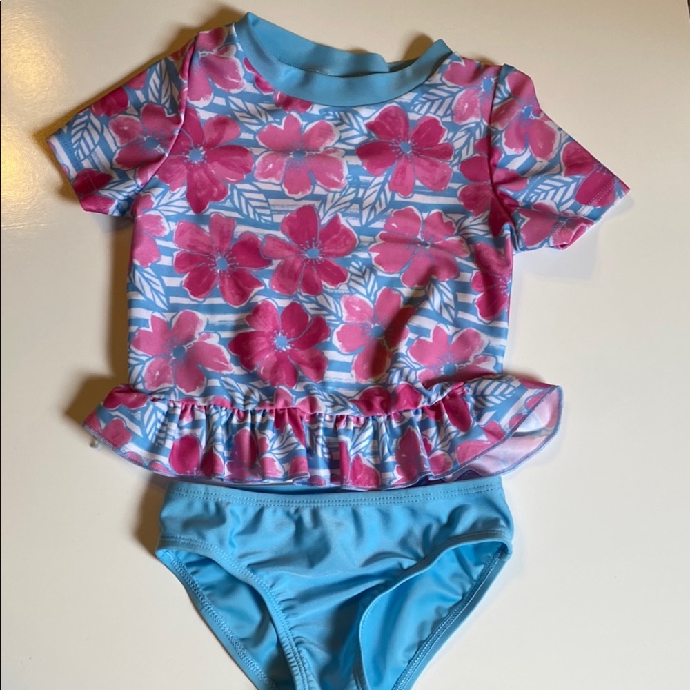 Floatimini Toddler Girl Size 3T Floral Swim Set - Blue and Pink